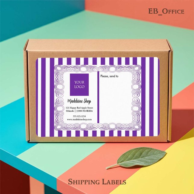 Étiquette Bandes violettes & Cadre enjolivé & Logo (Chic Purple & White Stripes with Logo.
Size: 3.75” L x 2” W - Eight labels per sheet
)