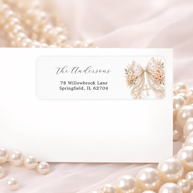 Étiquette Baptême Élégant Ruban Floral et Perle (Créateur téléchargé)