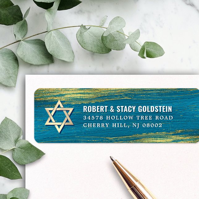 Étiquette Bar Mitzvah Papier Doré Turquoise Adresse de Retou (Créateur téléchargé)