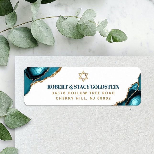 Étiquette Bar Mitzvah Turquoise Moderne Agate Adresse de Ret (Créateur téléchargé)