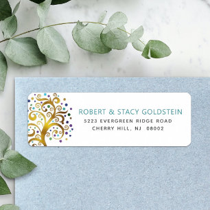Étiquette Bat mitzvah Gold Blue Tree of Life Adresse de reto