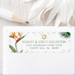 Étiquette Bat mitzvah Tropical Gold Palm Aquarelle Adresse<br><div class="desc">Soyez fier, réjouissez-vous et célébrez cette étape importante de votre Bat mitzvah préféré avec cette étiquette d'adresse de retour sophistiquée et personnalisée ! Etonnant, élégant, coloré, oiseaux d'aquarelle tropicale des fleurs de paradis, faux étoile or de David et des points de parties scintillant et vert et gris moderne sans serif...</div>