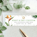 Étiquette Bat mitzvah Tropical Gold Palm Aquarelle Adresse<br><div class="desc">Soyez fier, réjouissez-vous et célébrez cette étape importante de votre Bat mitzvah préféré avec cette étiquette d'adresse de retour sophistiquée et personnalisée ! Etonnant, élégant, coloré, oiseaux d'aquarelle tropicale des fleurs de paradis, faux étoile or de David et des points de parties scintillant et vert et gris moderne sans serif...</div>