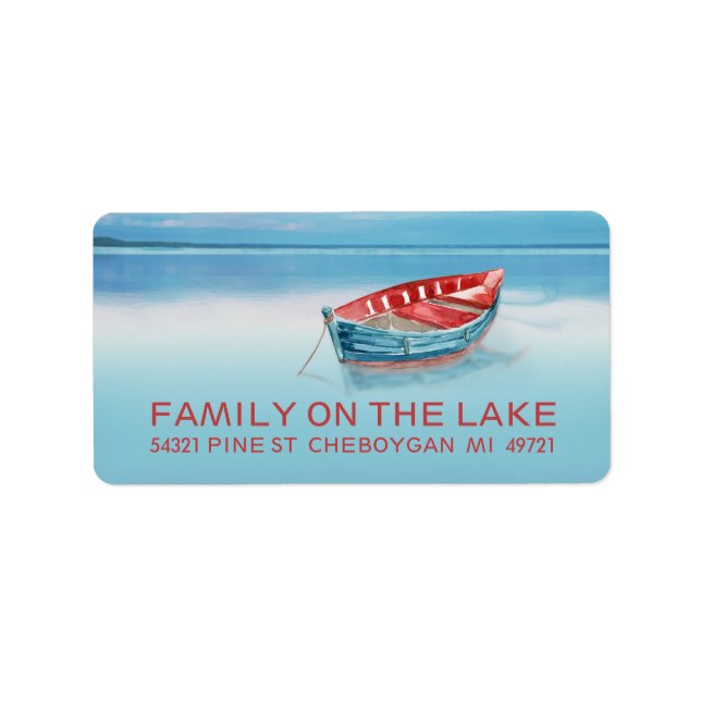 Étiquette Bateau bleu et rouge sur le lac (Devant)