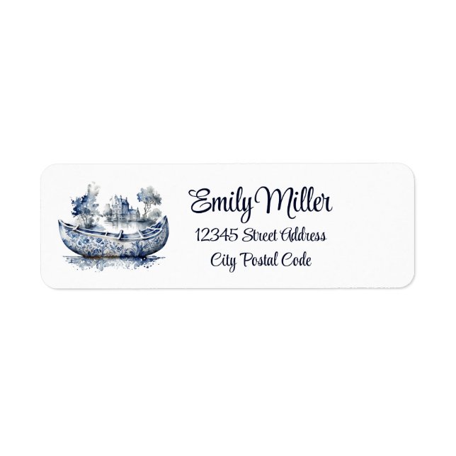 Étiquette Bateau de style Delft bleu et blanc avec scène de  (Devant)