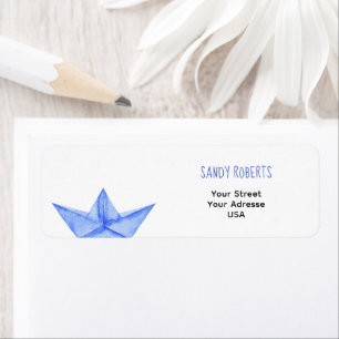 Étiquette Bateau en papier bleu aquarelle - Adresse de retou