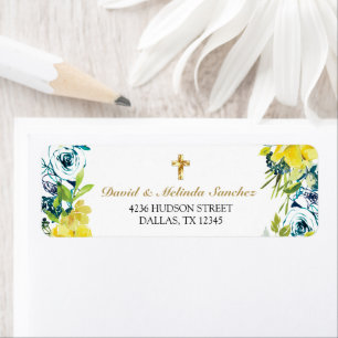 Étiquette Bautismo de Niña con Cruz de Oro Floral Amarillo