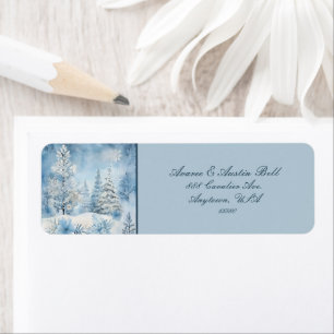 Étiquette Beau Bleu Blanc Scène de Noël Arbres Neige