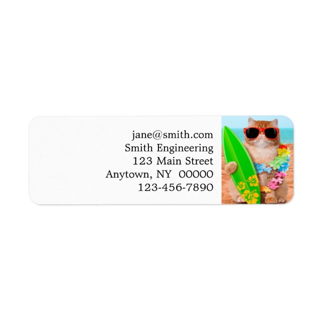 Étiquette Beau chat surfeur sur la plage (Devant)