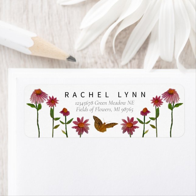 Étiquette Beau Papillon aux fleurs roses (En situation)