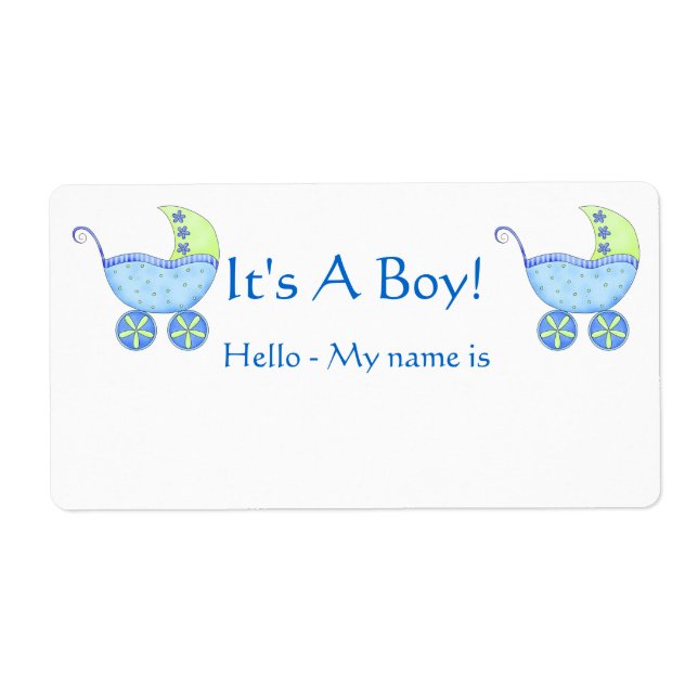 Étiquette Bébé bleu Buggy C'est un garçon Douche Nom Balise (Devant)