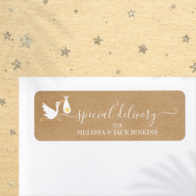 Étiquette Bébé Livraison Spéciale Cigogne Adresse de Retour  (Rustic Special Delivery Baby Stork Return Address Label)