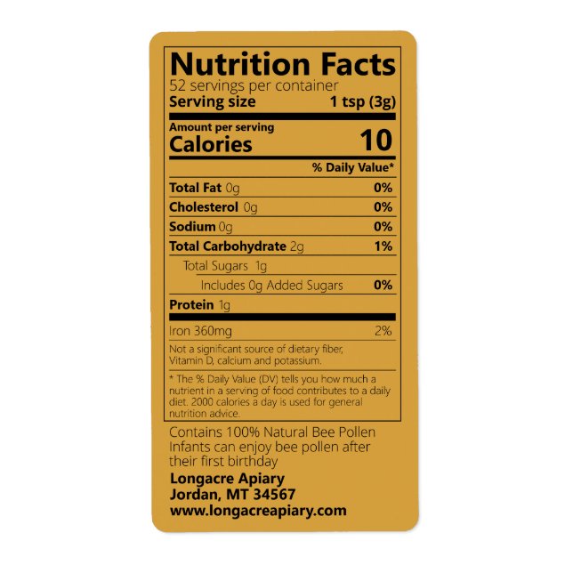 Étiquette Bee Pollen Nutrition Facts Light Amber Label (Devant)