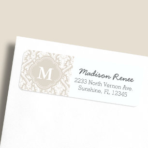 Étiquette Beige et blanc tendance Damask Custom Monogramme