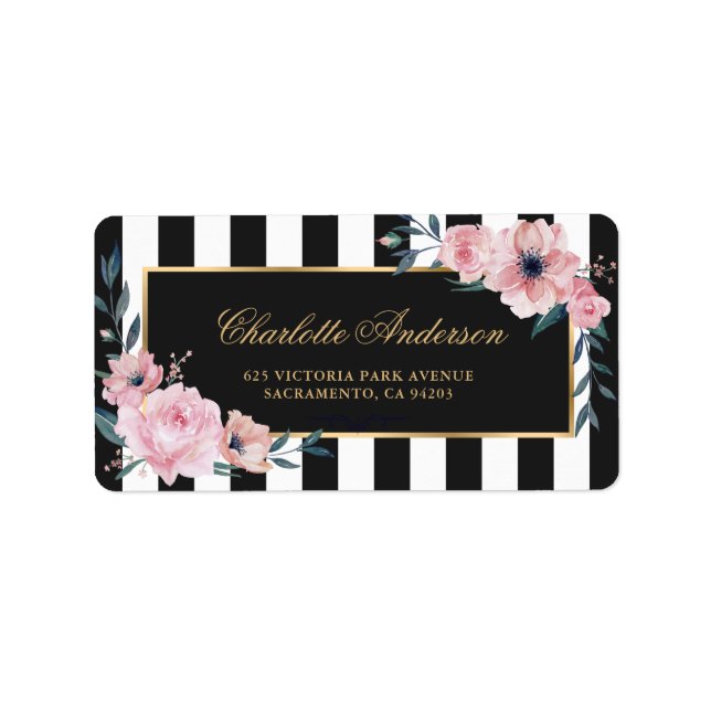 Étiquette Belle aquarelle fleurs roses rayures noires (Devant)