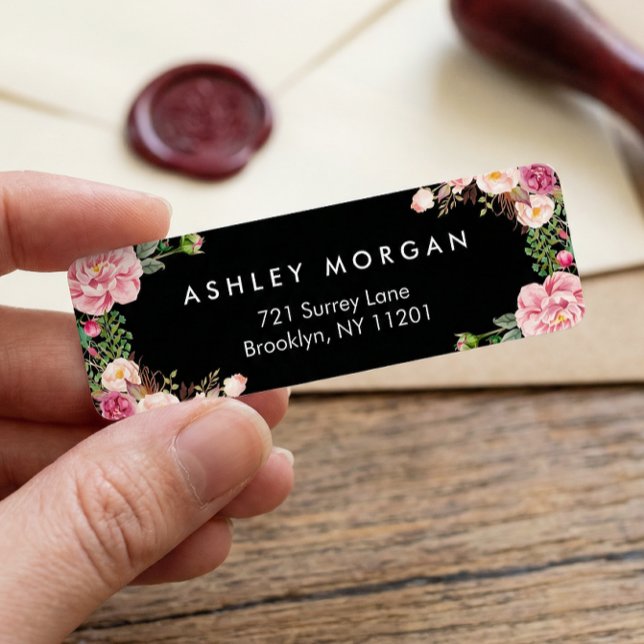 Étiquette Belle enveloppe florale Classy Blanc Noir (Créateur téléchargé)