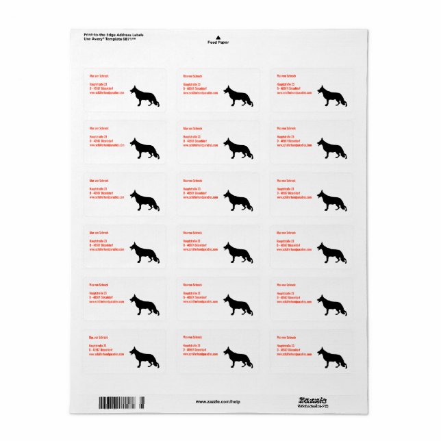 Étiquette Berger Allemand Silhouette Noire (Feuille entière)
