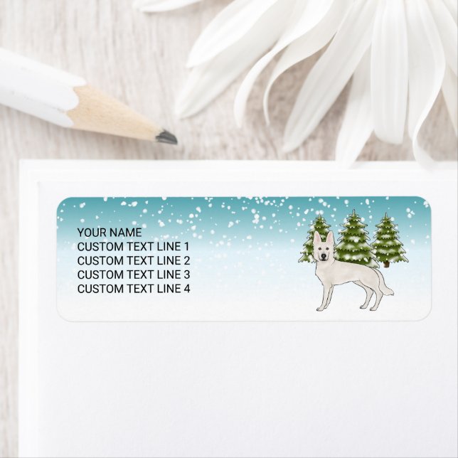 Étiquette Berger Blanc Suisse Blanc GSD Chien Forêt d'Hiver (En situation)