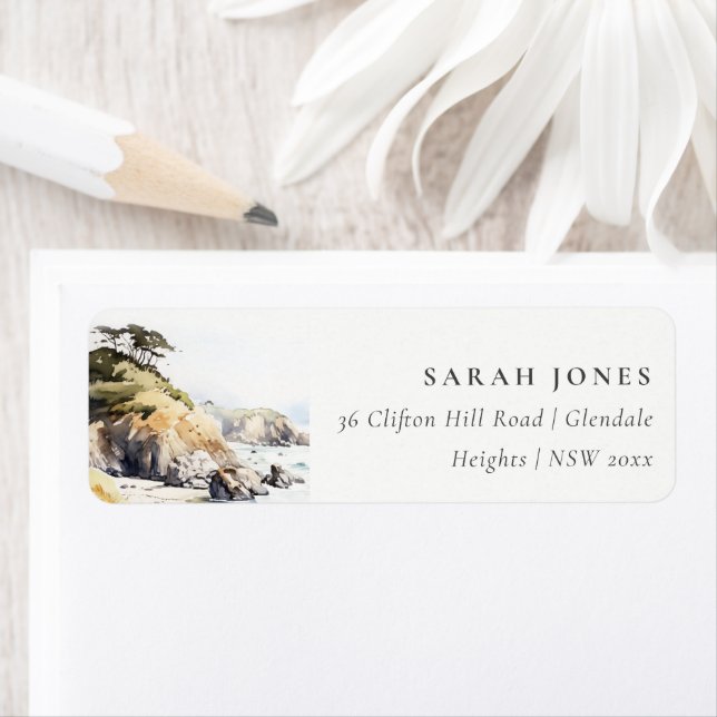 Étiquette Big Sur, California Watercolor Landscape Address (En situation)