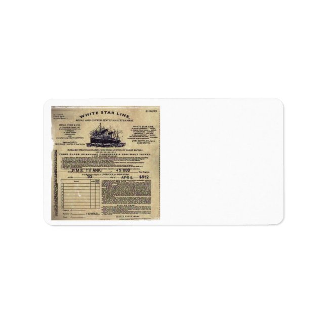 Étiquette Billet pour RMS Titanic 1912 (Devant)