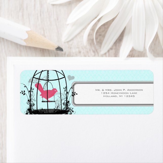 Étiquette Bird Cage Rose Bird Notes musicales et Coeur (En situation)