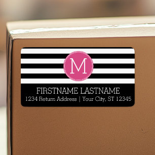 Étiquette Black and White Striped Pattern Hot Pink Monogram
