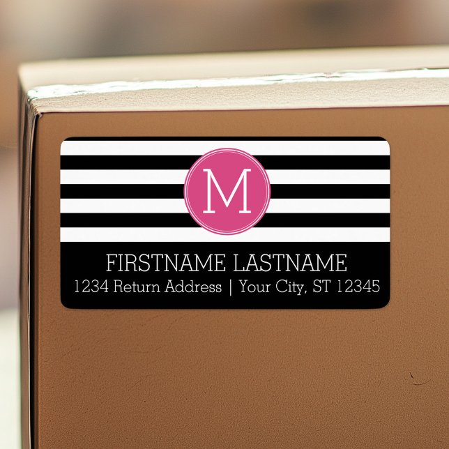 Étiquette Black and White Striped Pattern Hot Pink Monogram (Personalized return address label)