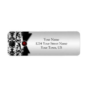 Étiquette Black Argent Damask Imprimé Ruby Gemstone Adresse