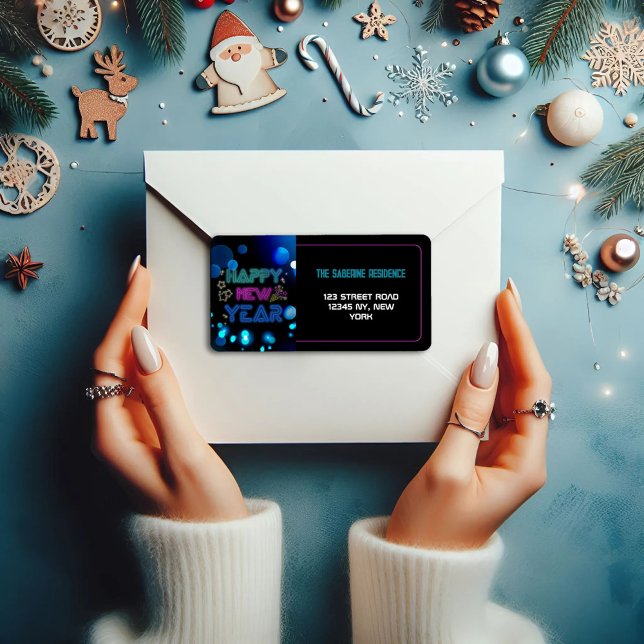 Étiquette Black & Blue Midnight Sparkle Neon Glow New Year  (Créateur téléchargé)