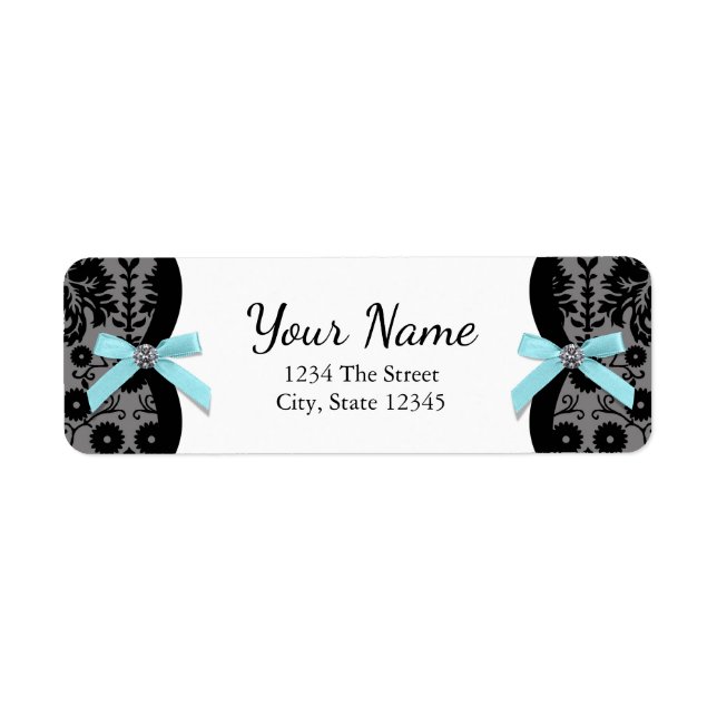 Étiquette Black Damask Turquoise Blue Bow Adresse de retour  (Devant)