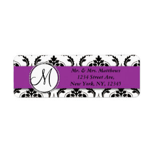 Étiquette Black Damask Violet Monogramme Adresse de retour