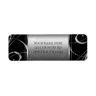 Étiquette Black & Faux Silver Glass Floral Swirl Élégant
