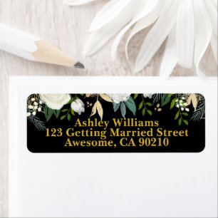Étiquette Black & Gold Chic Greenery Mariage Adresse de reto