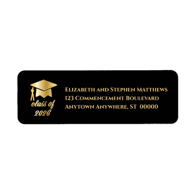 Étiquette Black | Gold Class of 2026 Graduation Cap Label (Devant)