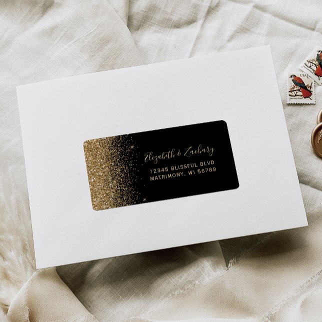 Étiquette Black Gold Faux Parties scintillant Mariage RSVP a (Créateur téléchargé)