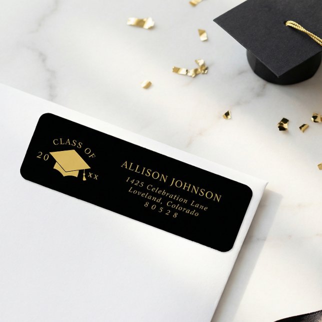 Étiquette Black Gold Graduation Cap Return Address (Créateur téléchargé)