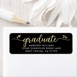 Étiquette Black Gold Graduation Script Coeurs Adresse modern