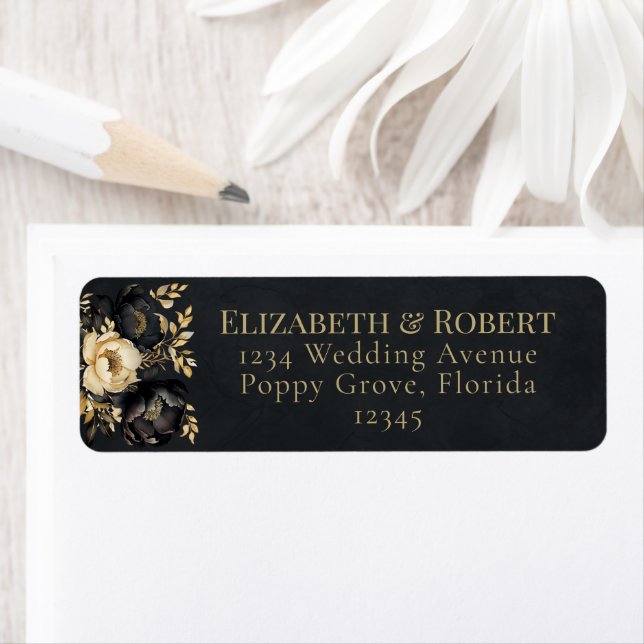 Étiquette Black & Gold Peony Wedding Address Labels (En situation)