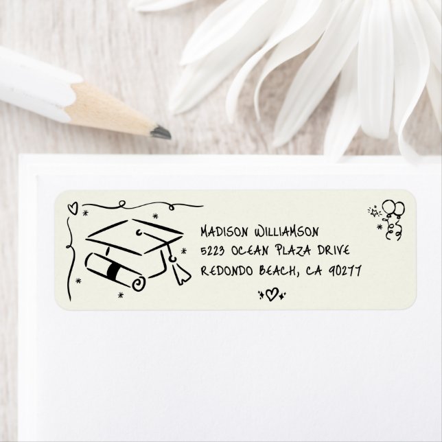 Étiquette Black Hand Drawn Doodle Graduate Cap Cream Address (En situation)