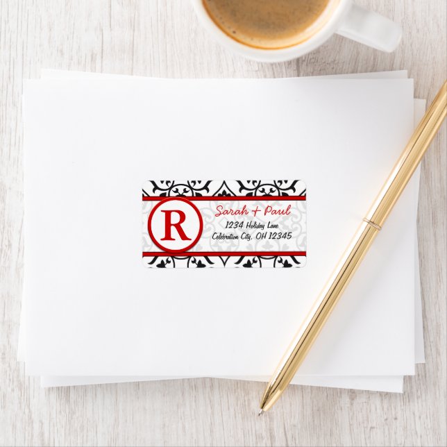 Étiquette Black Heart Damask Red Font Return Adresse Label (En situation)