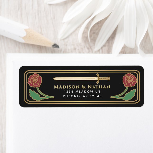 Étiquette Black Medieval Fantasy Gold Sword Wedding Label (En situation)