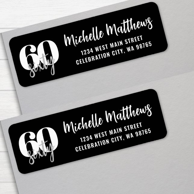 Étiquette Black moderne 60th Birthday Party Adresse de retou (Modern Black 60th Birthday Party Return Address label)