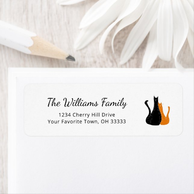 Étiquette Black Orange Halloween Chats Adresse de retour (En situation)