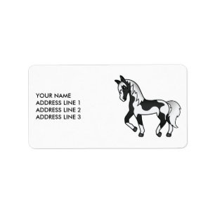 Étiquette Black Pinto Cartoon Trotting Horse & Custom Text