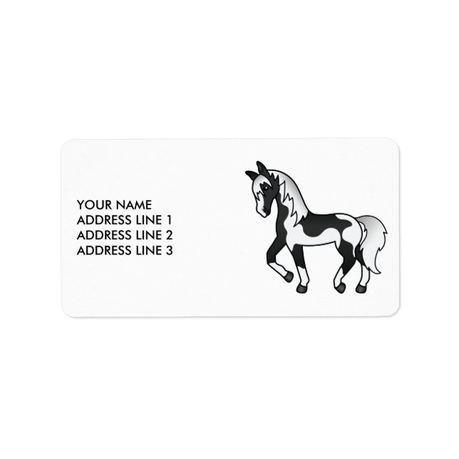 Étiquette Black Pinto Cartoon Trotting Horse & Custom Text (Devant)