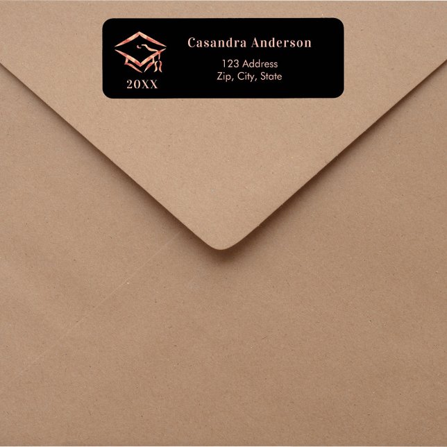 Étiquette Black rose gold graduation cap return address (Créateur téléchargé)
