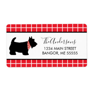 Étiquette Black Scottish Terrier Dog Red Plaid Bordure