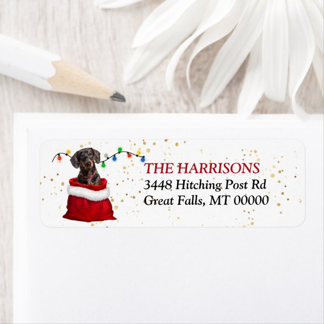 Étiquette Black Tan Dachshund Chien dans un sac cadeau Adres (En situation)