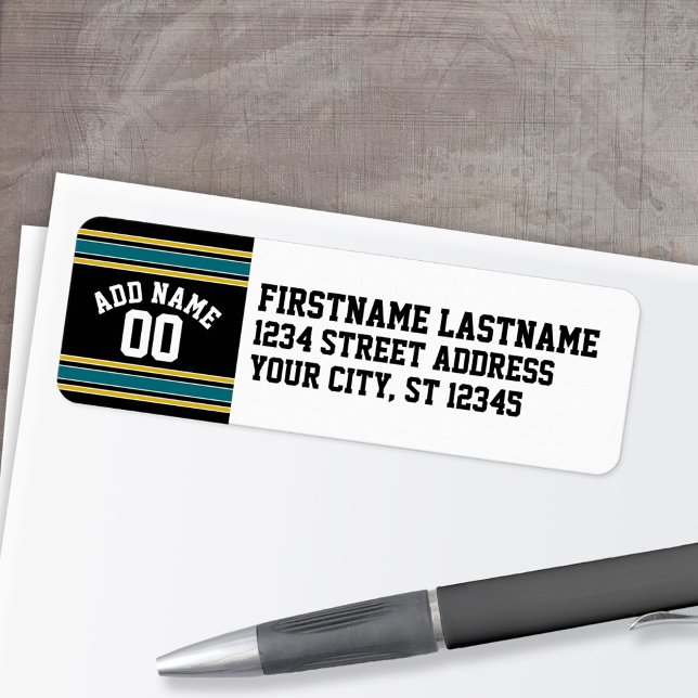 Étiquette Black Turquoise Yellow Sports Jersey Nom personnal (Personalized Return Address Label)