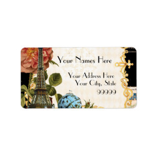 Étiquette Black Vintage Tour Eiffel Rose Adresse corresponda
